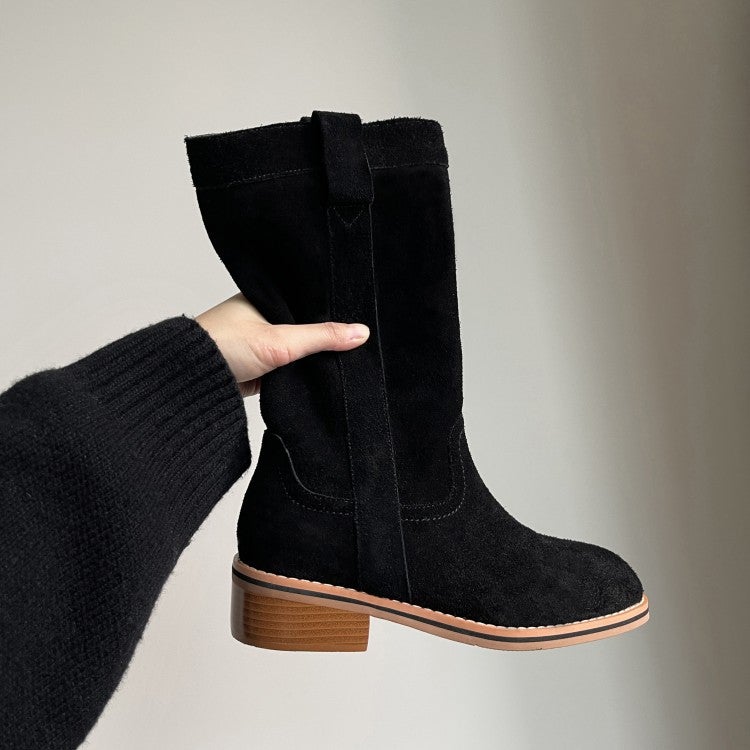 Womens Suede��Leather Mid Calf Boots In Black/Khaki