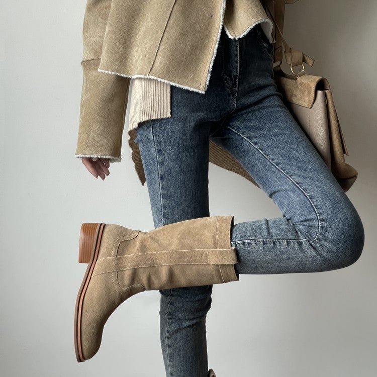 Womens Suede��Leather Mid Calf Boots In Black/Khaki