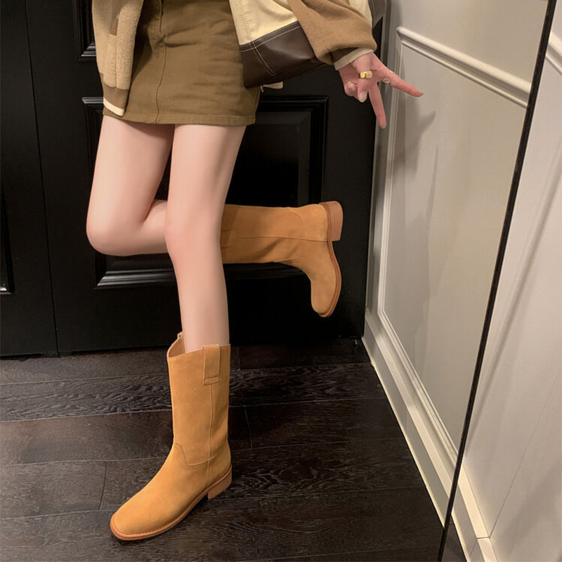Womens Suede��Leather Mid Calf Boots In Black/Brown
