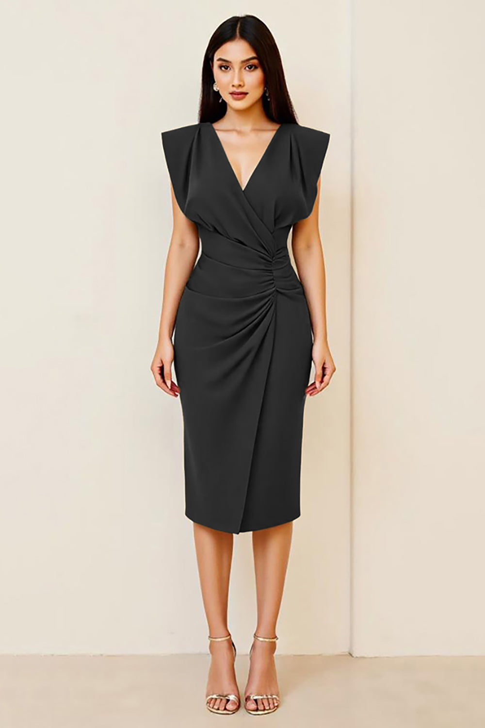 Olive Ruched Bodycon V Neck Midi Formal Dress