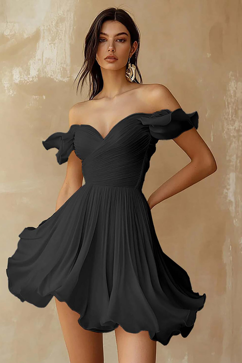 A Line Ruffled Off the Shoulder Pleated White Graduation Dress