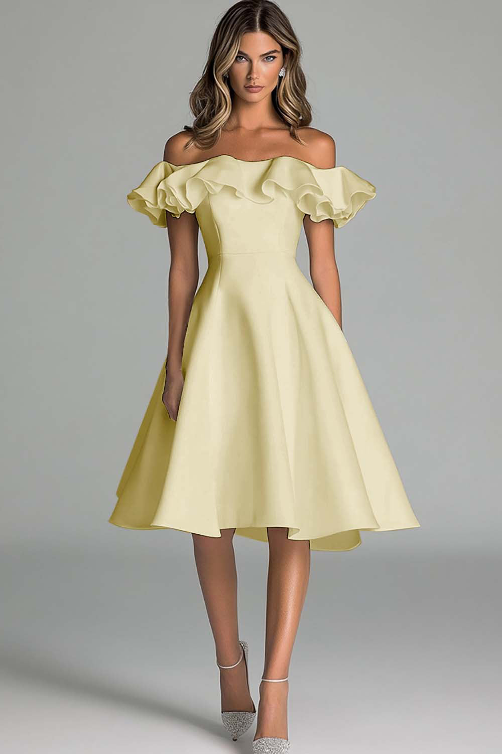 White Off The Shoulder A Line Wedding Dress With Ruffles