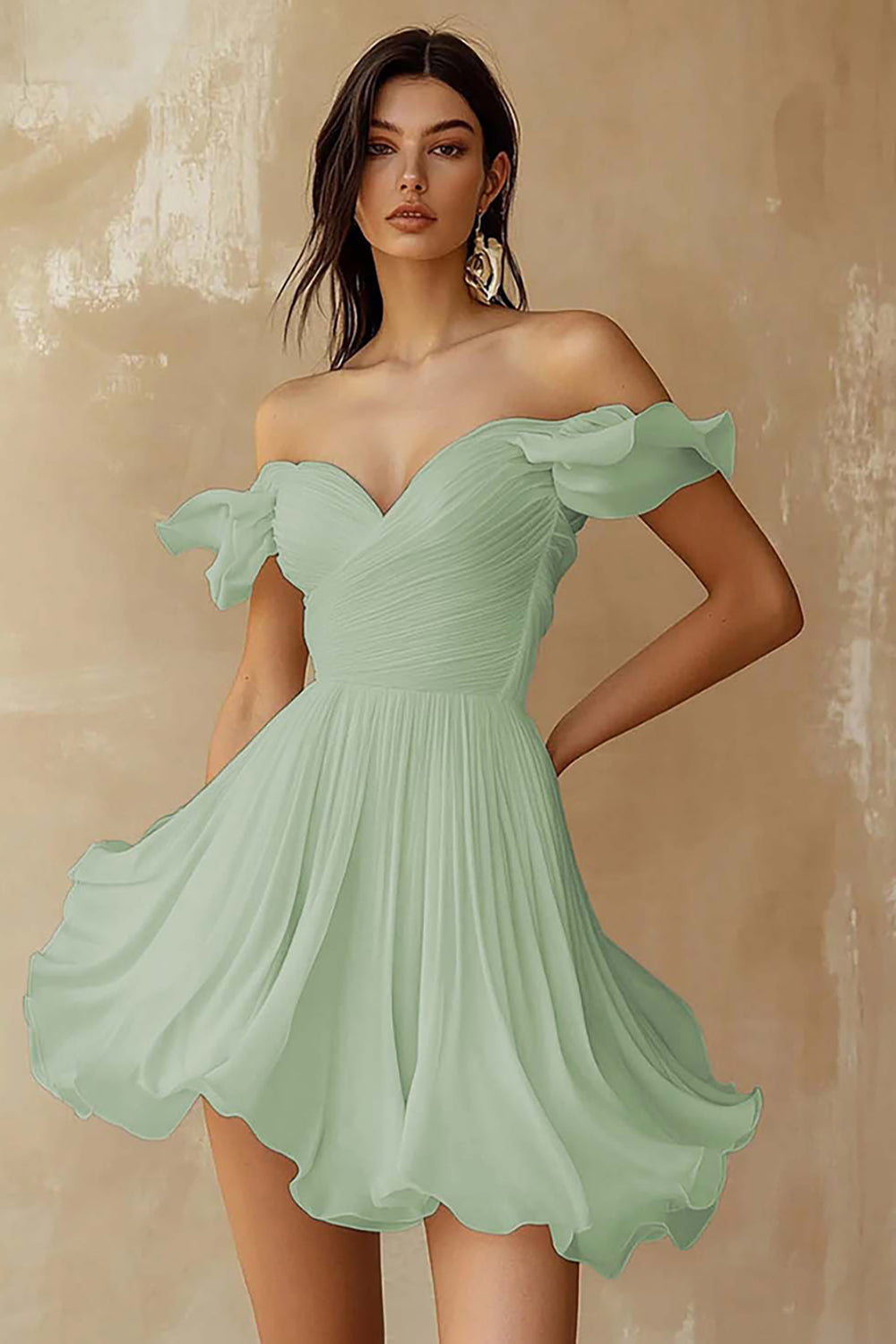 A Line Ruffled Off the Shoulder Pleated White Graduation Dress