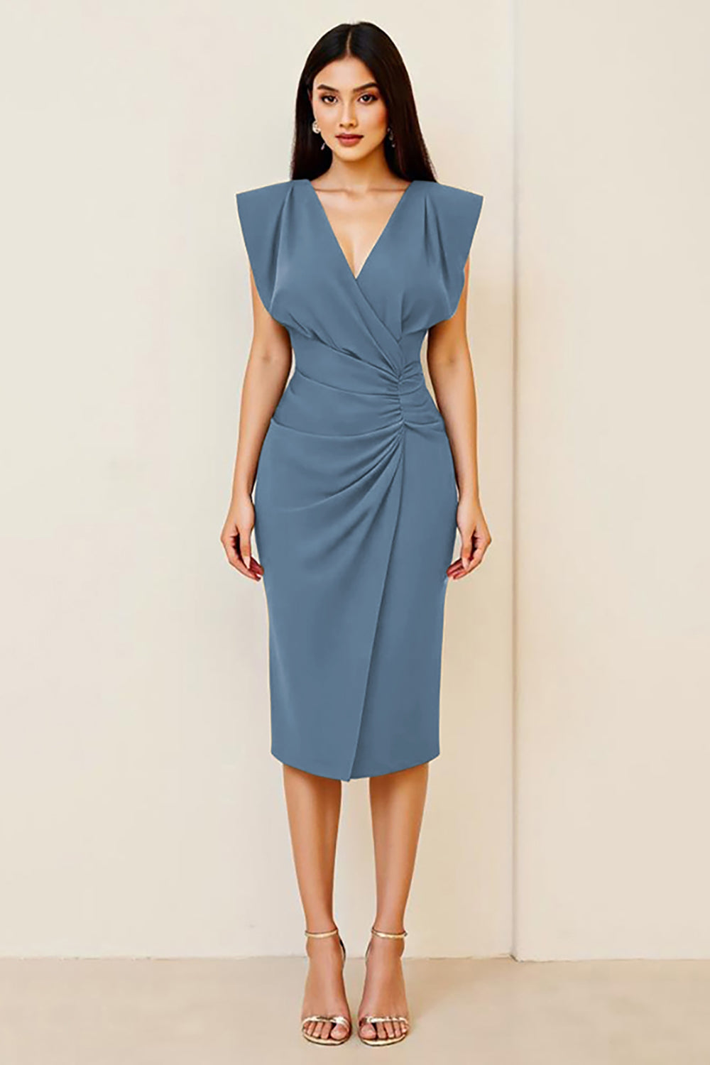 Olive Ruched Bodycon V Neck Midi Formal Dress