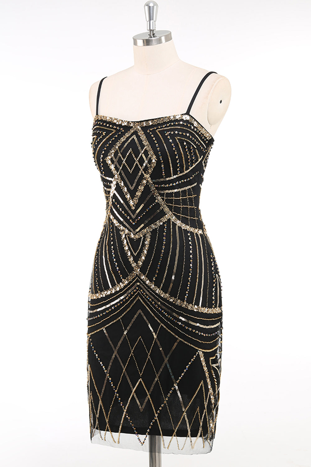 Black Golden Spaghetti Straps Sequins Bodycon Short 1920s Dress