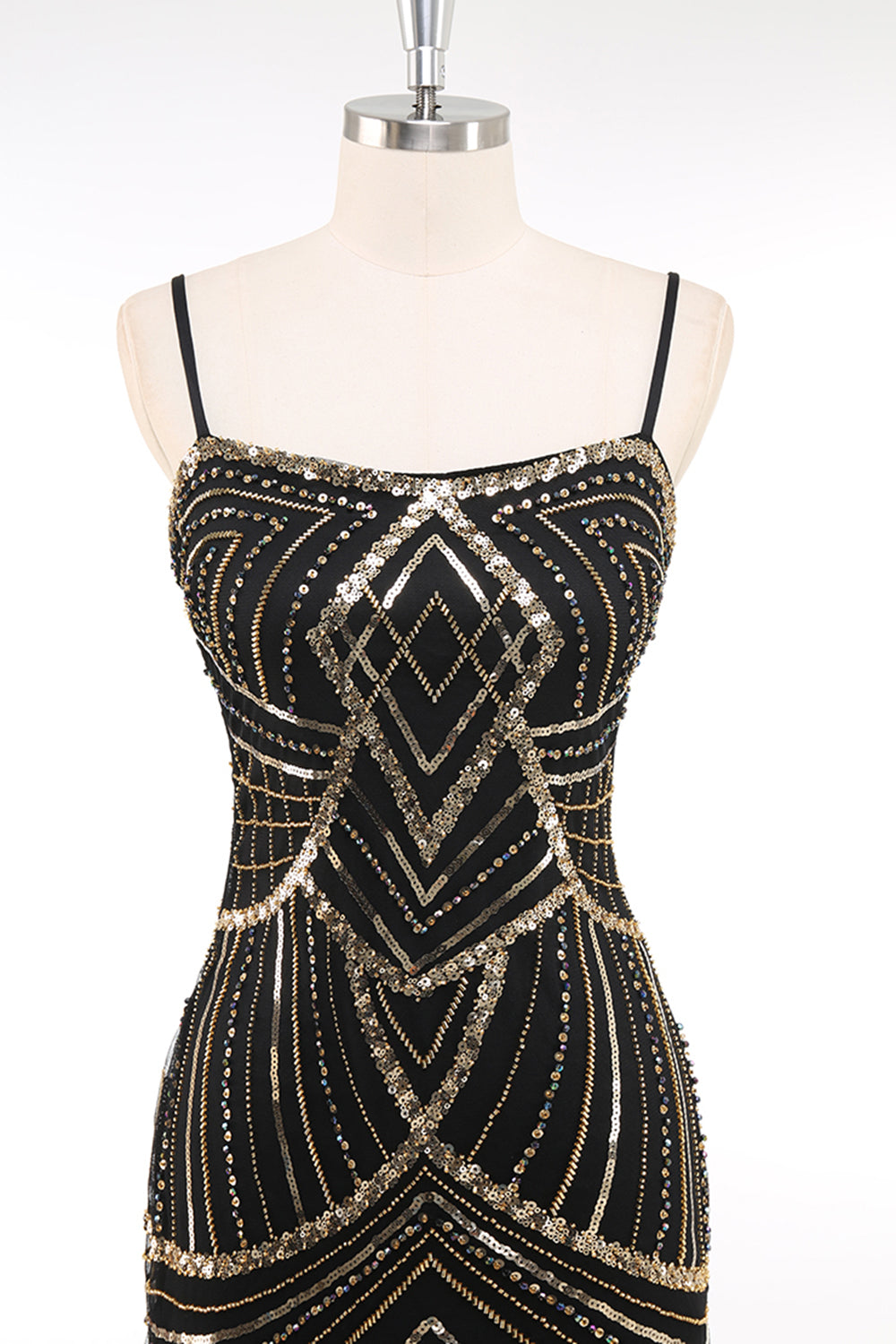 Black Golden Spaghetti Straps Sequins Bodycon Short 1920s Dress
