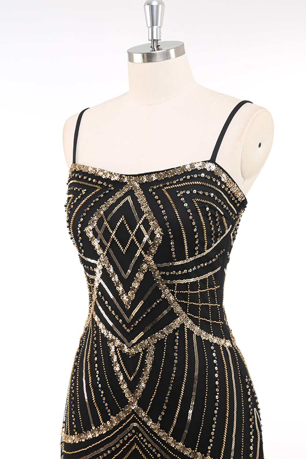Black Golden Spaghetti Straps Sequins Bodycon Short 1920s Dress