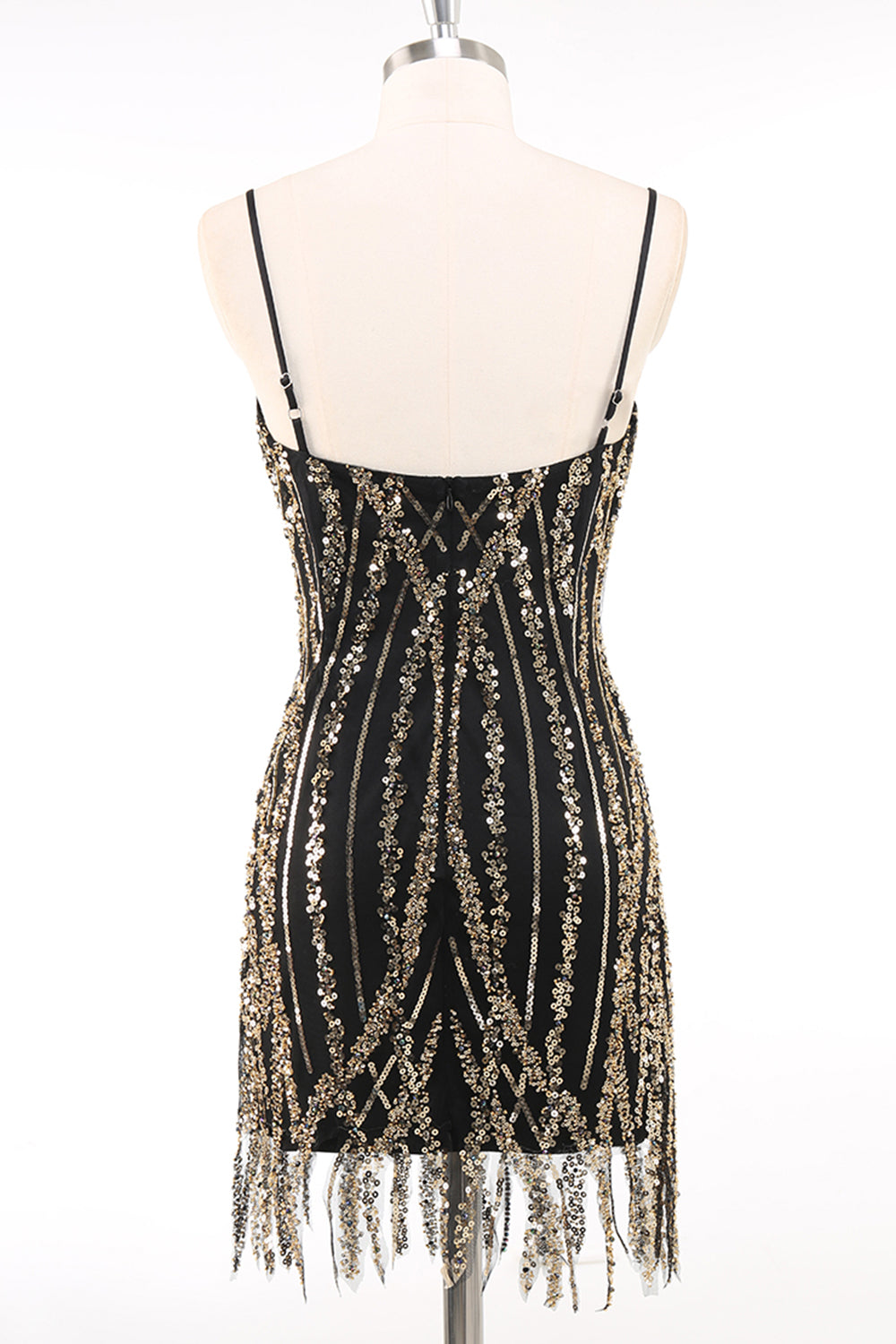 Black Golden Spaghetti Straps Sequins Bodycon 1920s Dress with Fringes