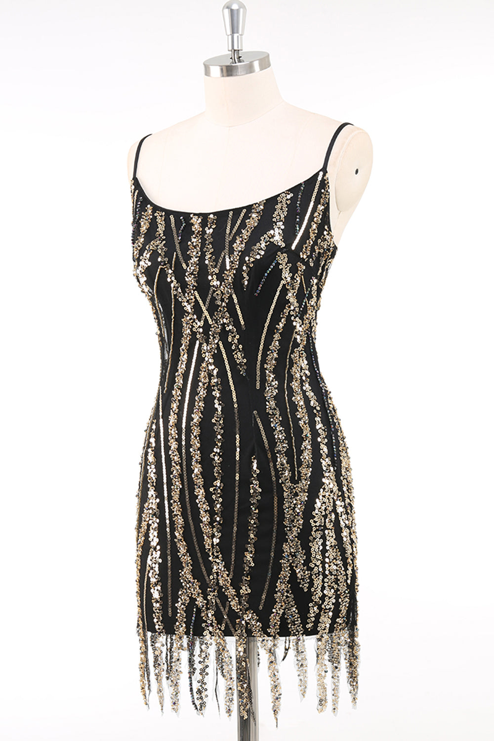 Black Golden Spaghetti Straps Sequins Bodycon 1920s Dress with Fringes