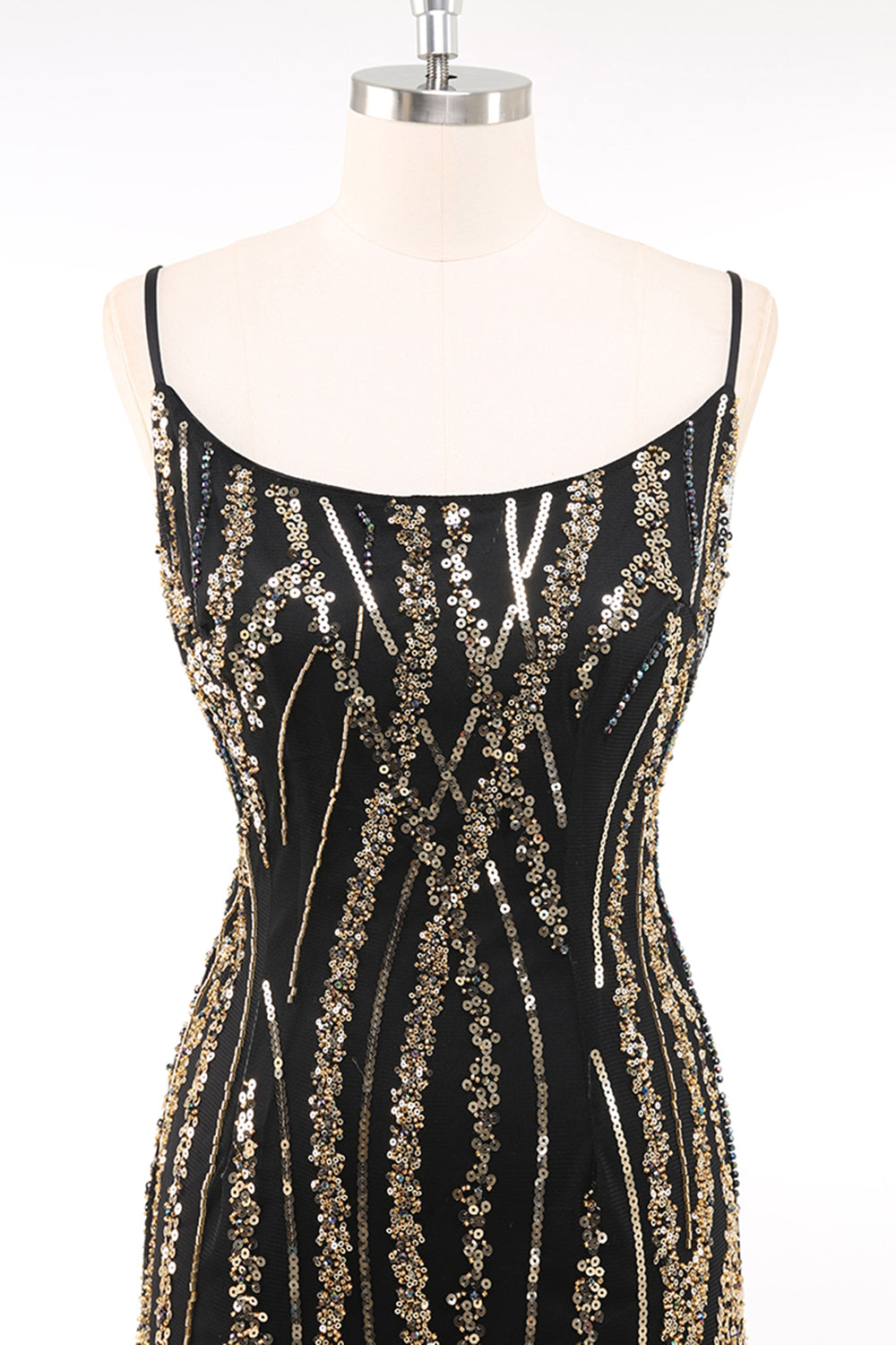 Black Golden Spaghetti Straps Sequins Bodycon 1920s Dress with Fringes