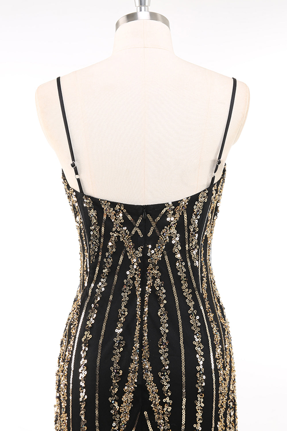 Black Golden Spaghetti Straps Sequins Bodycon 1920s Dress with Fringes