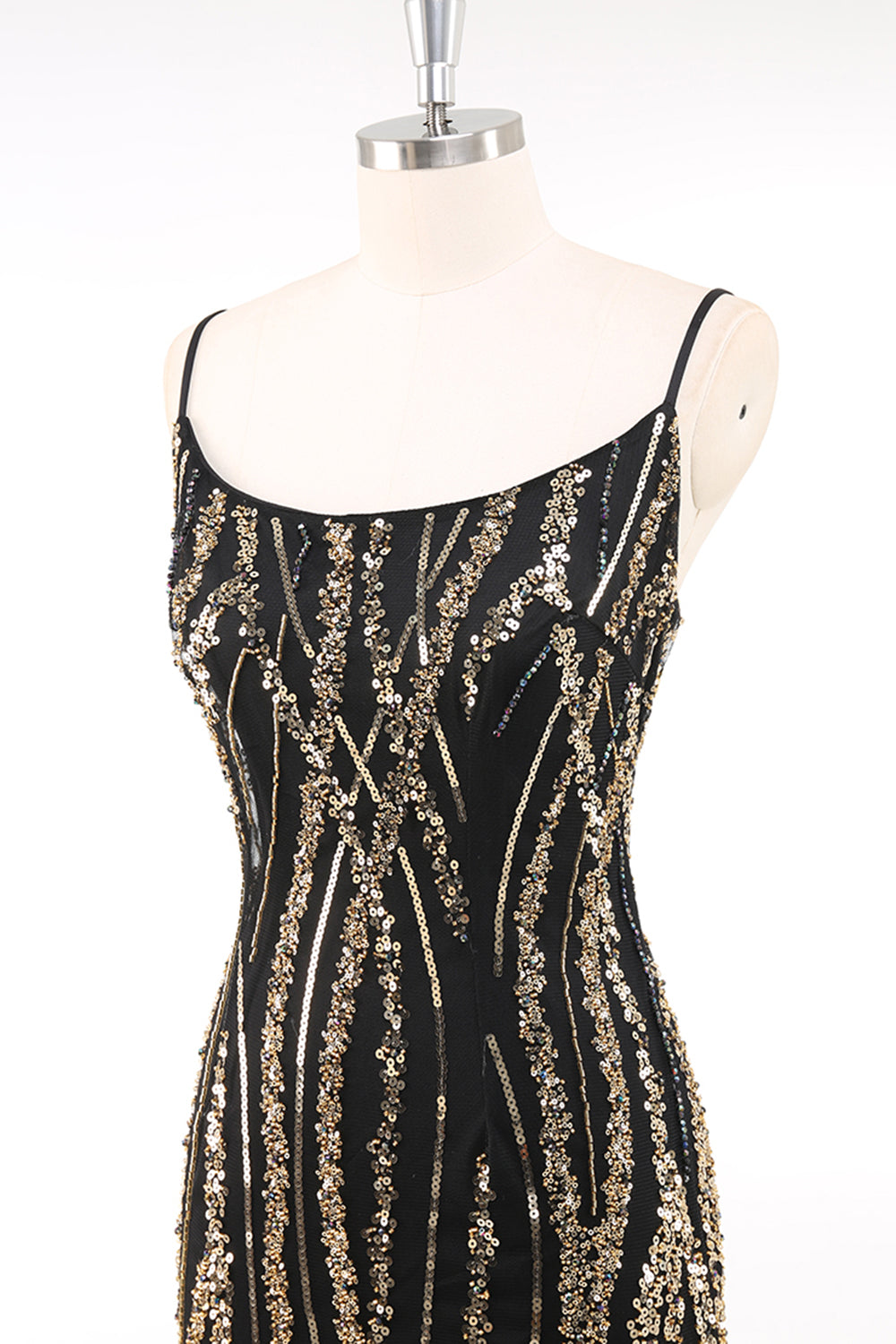 Black Golden Spaghetti Straps Sequins Bodycon 1920s Dress with Fringes