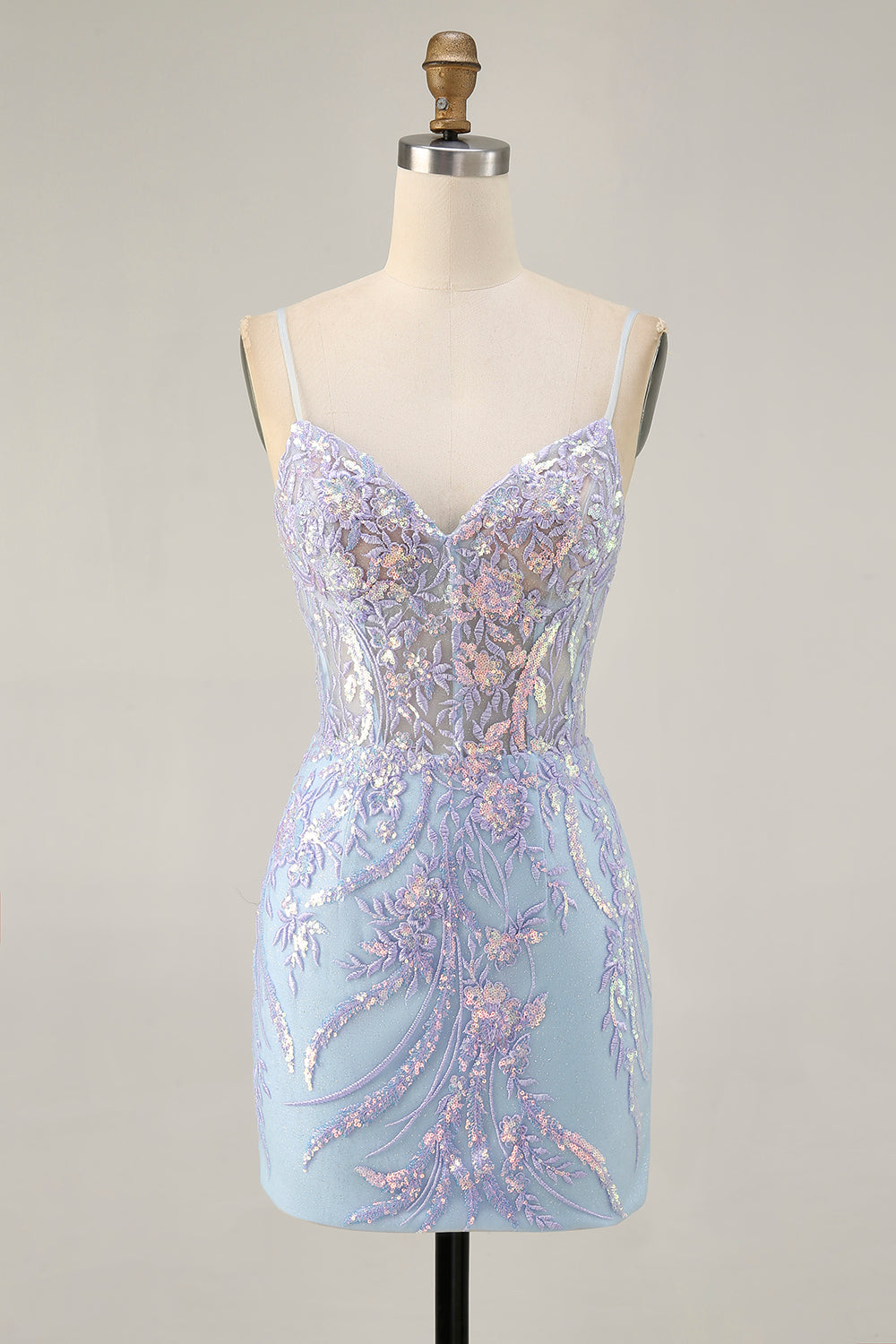Light Blue Bodycon Spaghetti Straps Appliqued Homecoming Dress with Sequins