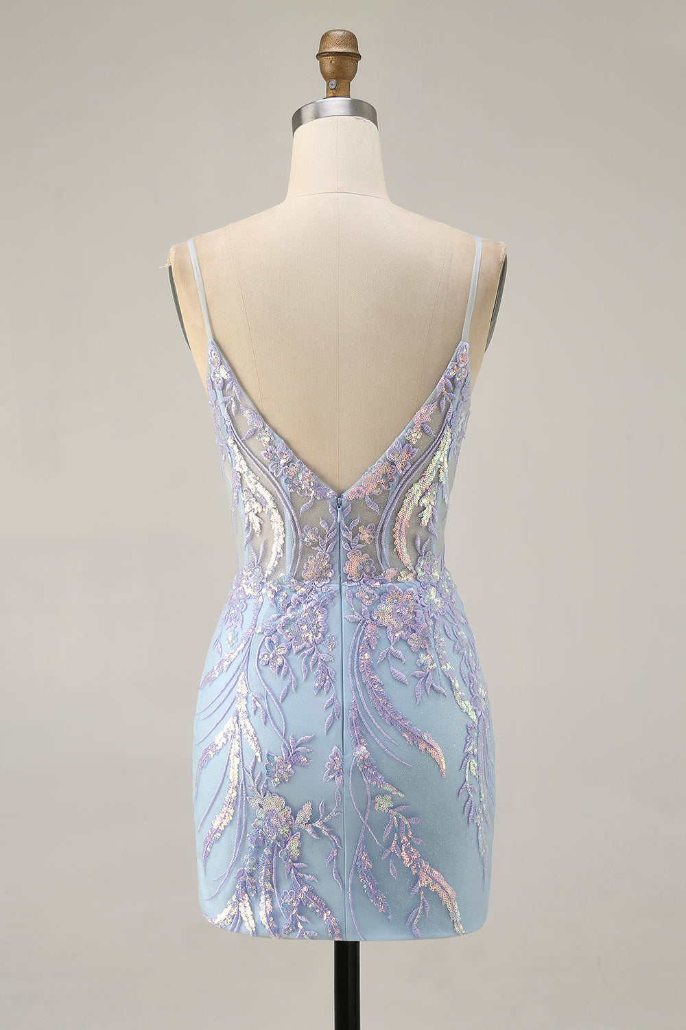 Light Blue Bodycon Spaghetti Straps Appliqued Homecoming Dress with Sequins