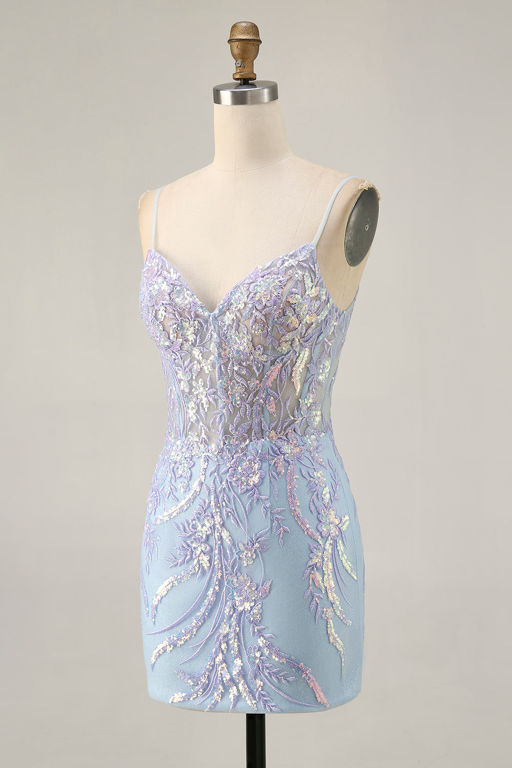 Light Blue Bodycon Spaghetti Straps Appliqued Homecoming Dress with Sequins