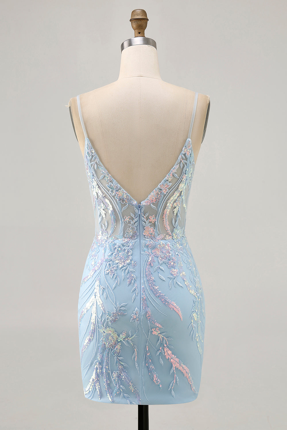Light Blue Bodycon Spaghetti Straps Appliqued Homecoming Dress with Sequins