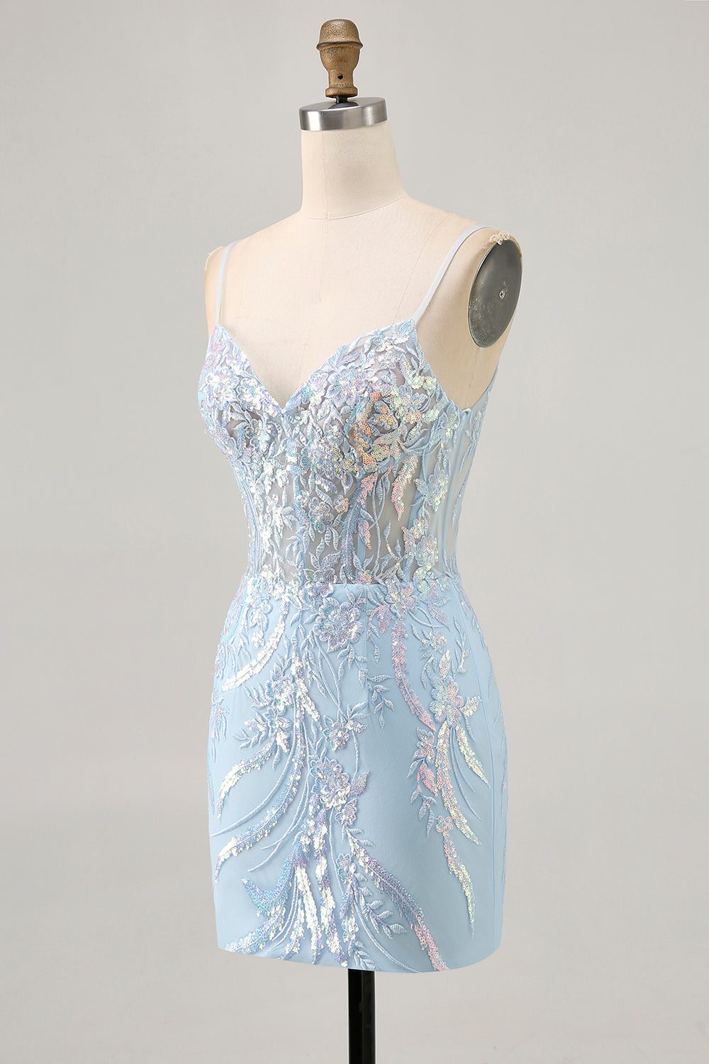 Light Blue Bodycon Spaghetti Straps Appliqued Homecoming Dress with Sequins