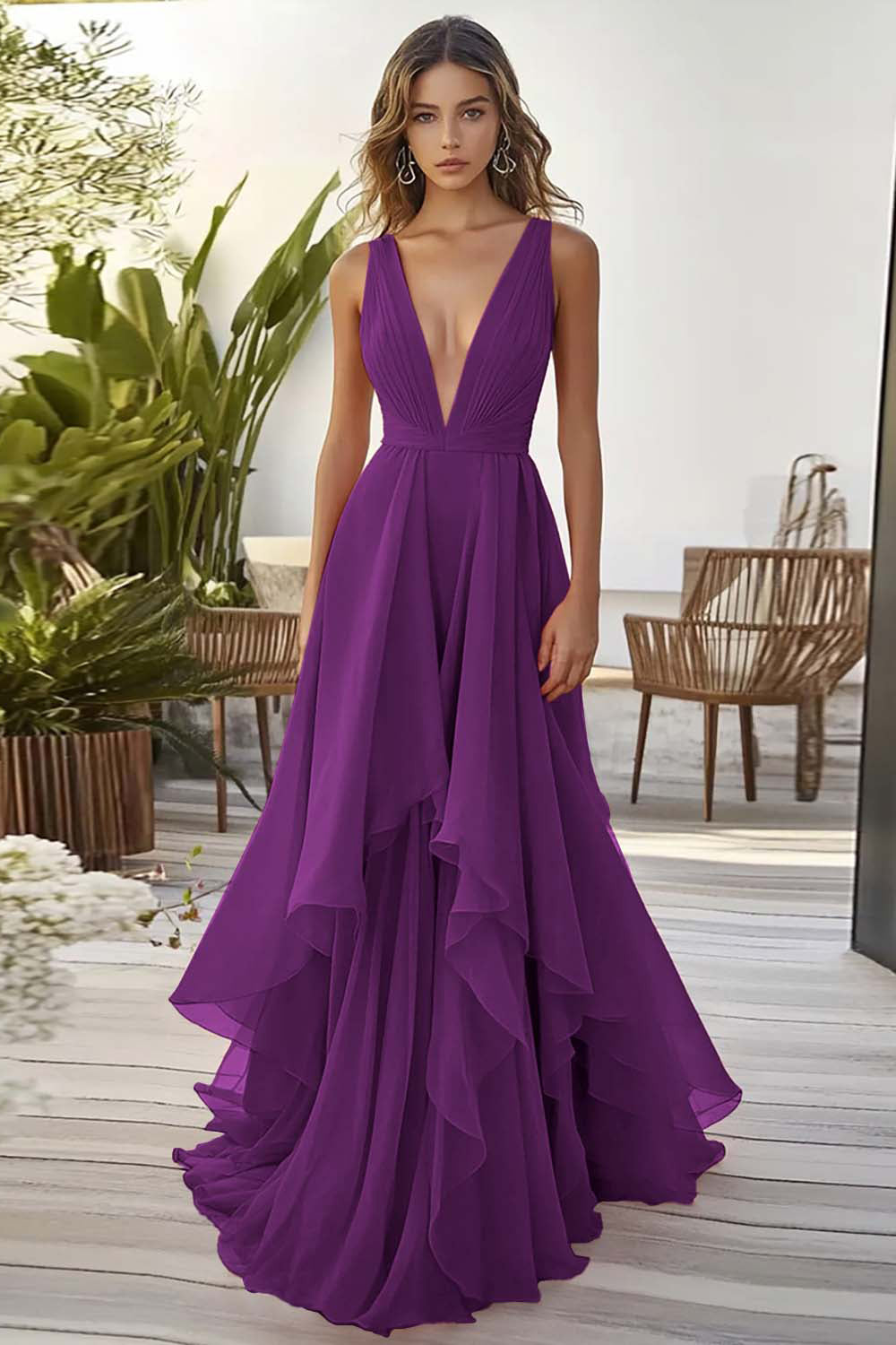 Orange Ruffled A Line Chiffon Wedding Guest Dress