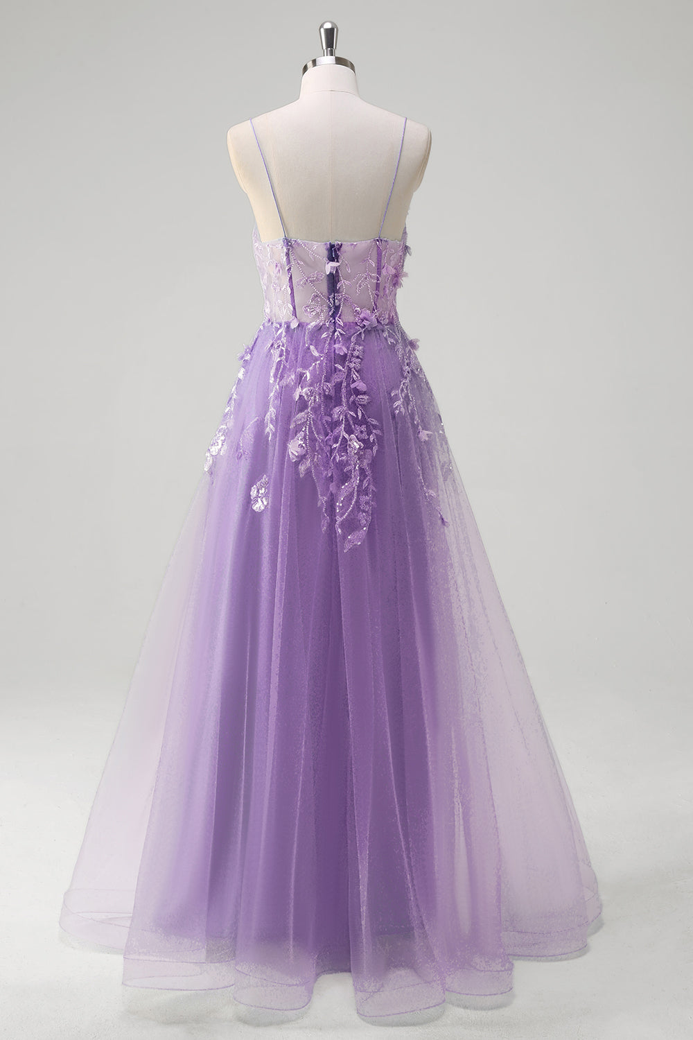 A Line Tulle Spaghetti Straps Corset Applique Blue Prom Dress with Slit