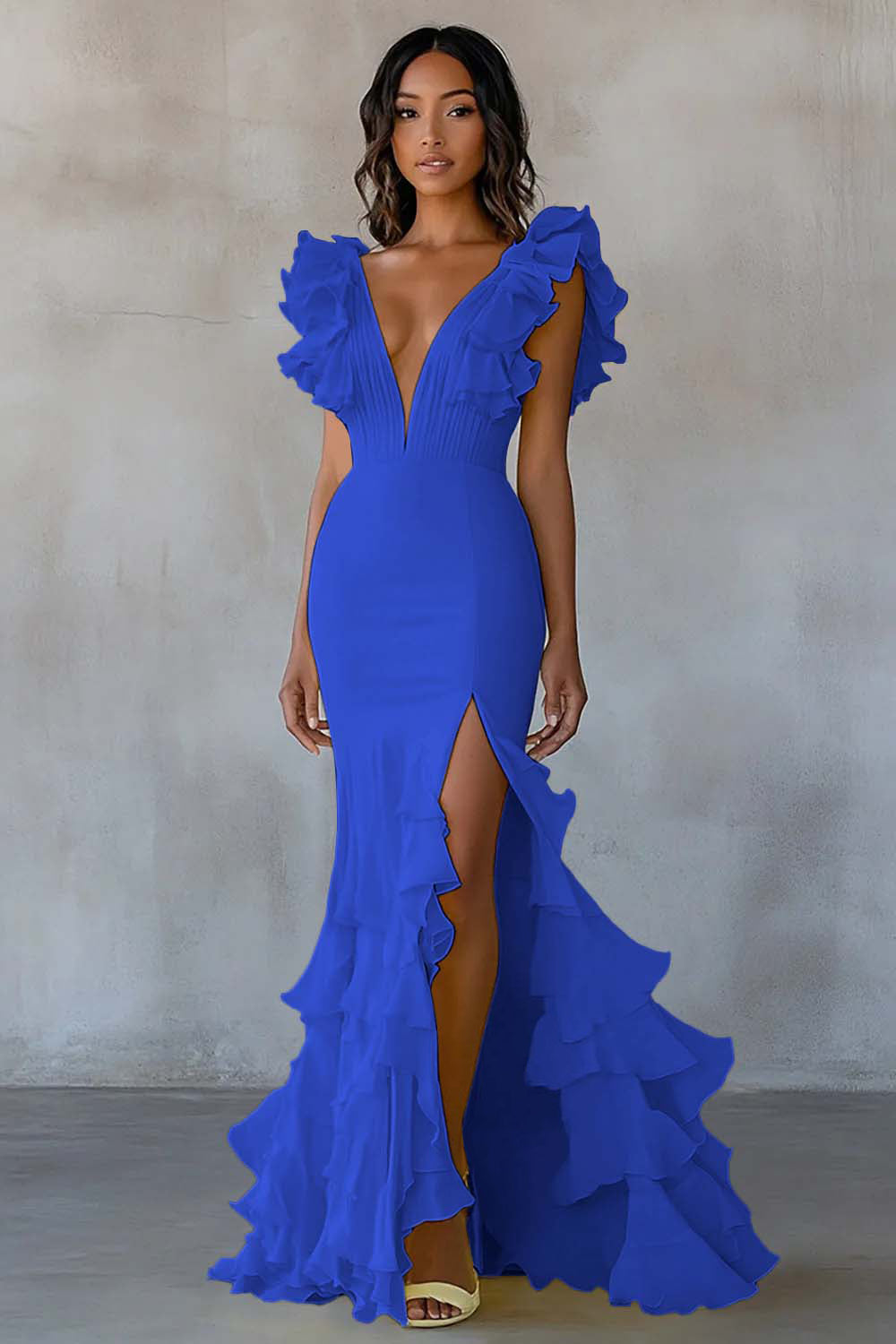 Yellow V-Neck Mermaid Ruffles Formal Dress with Slit