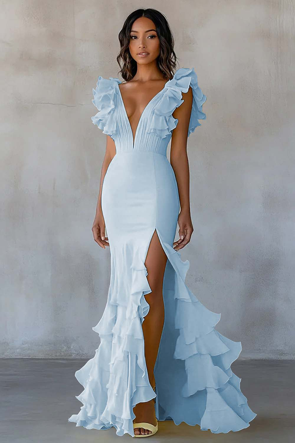 Yellow V-Neck Mermaid Ruffles Formal Dress with Slit