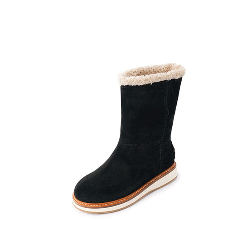 Women's Snow Boots for Cold Winter Retro Leather Mid Calf Boots in Black/Brown