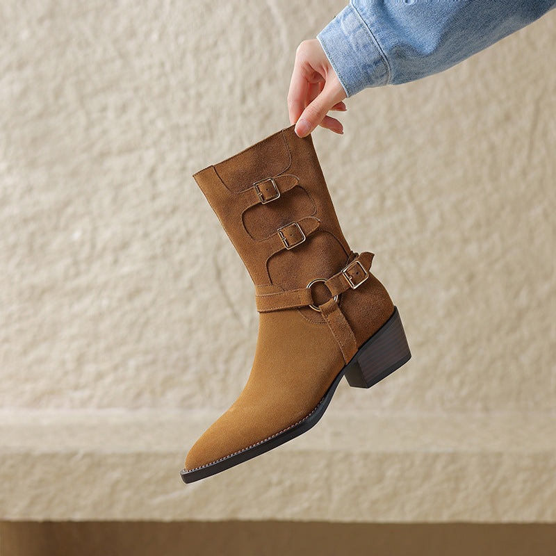 Womens Suede��Leather Mid Calf Boots 45mm Block Heel with Buckle Details In Black/Brown