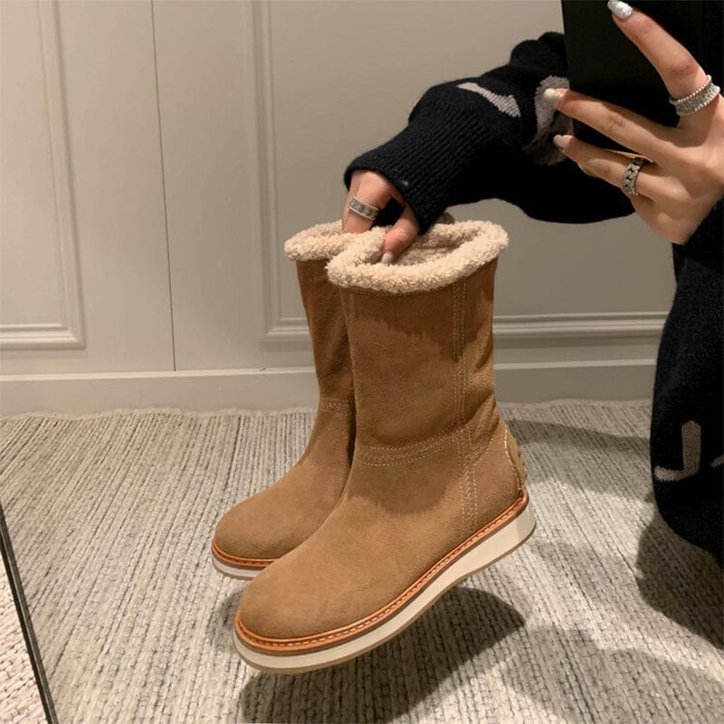 Women's Snow Boots for Cold Winter Retro Leather Mid Calf Boots in Black/Brown