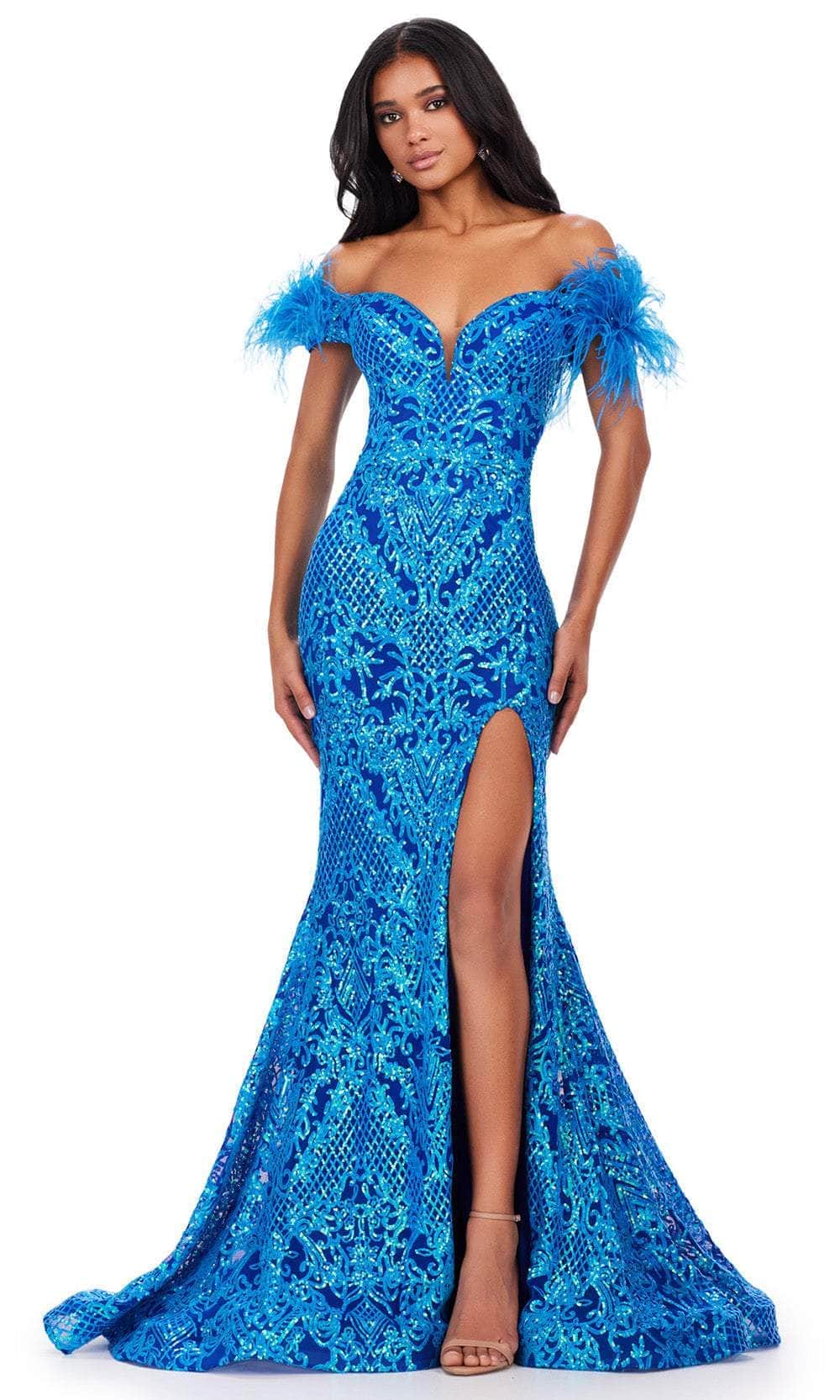 Ashley Lauren 11463 - Sequin Prom Dress with Feather Sleeves Prom-Dresses 8 / Turquoise/Royal