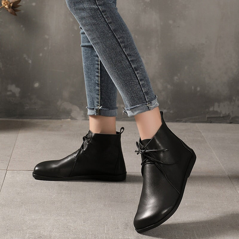 Womens Leather Ankle Boots Soft Bottom Flat Round Toe Derby Boots Brown/Black