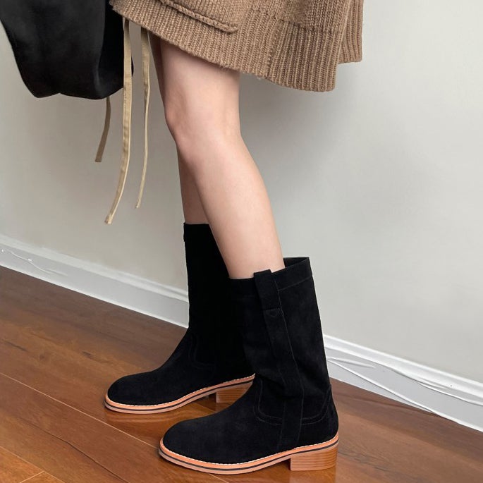 Womens Suede��Leather Mid Calf Boots In Black/Khaki