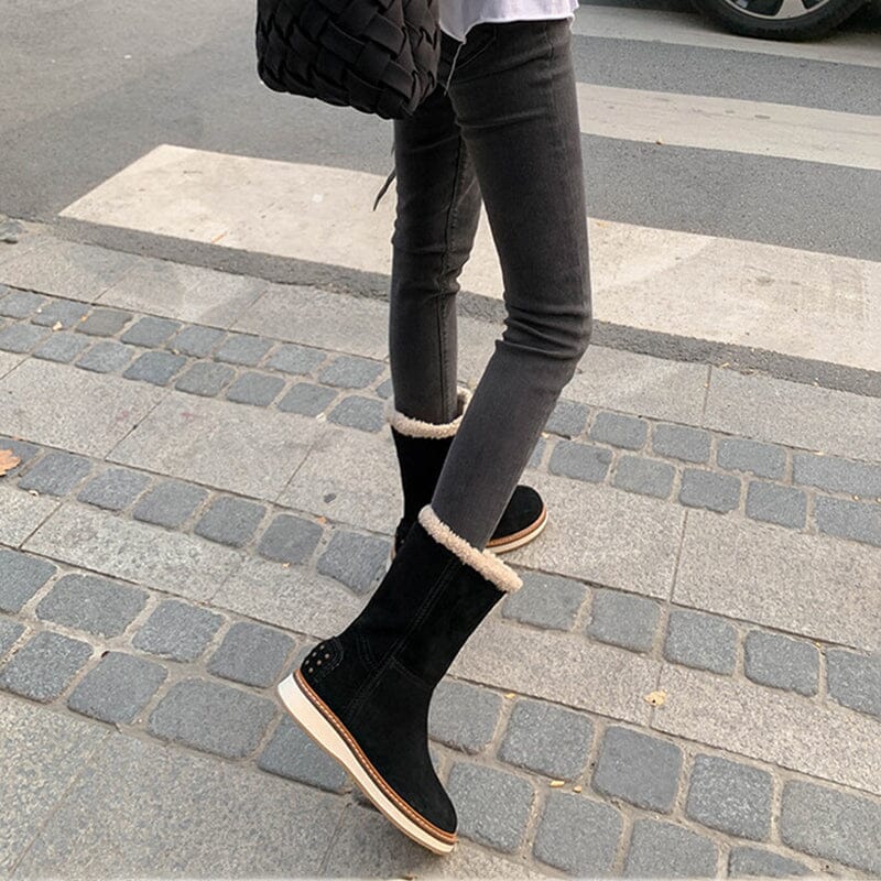 Women's Snow Boots for Cold Winter Retro Leather Mid Calf Boots in Black/Brown