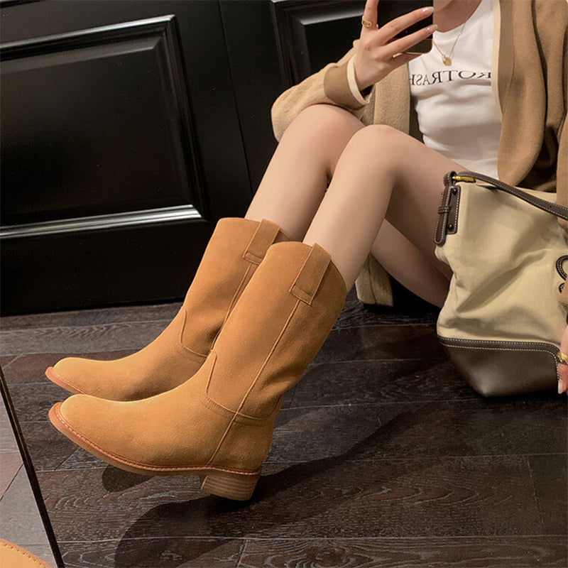 Womens Suede��Leather Mid Calf Boots In Black/Brown