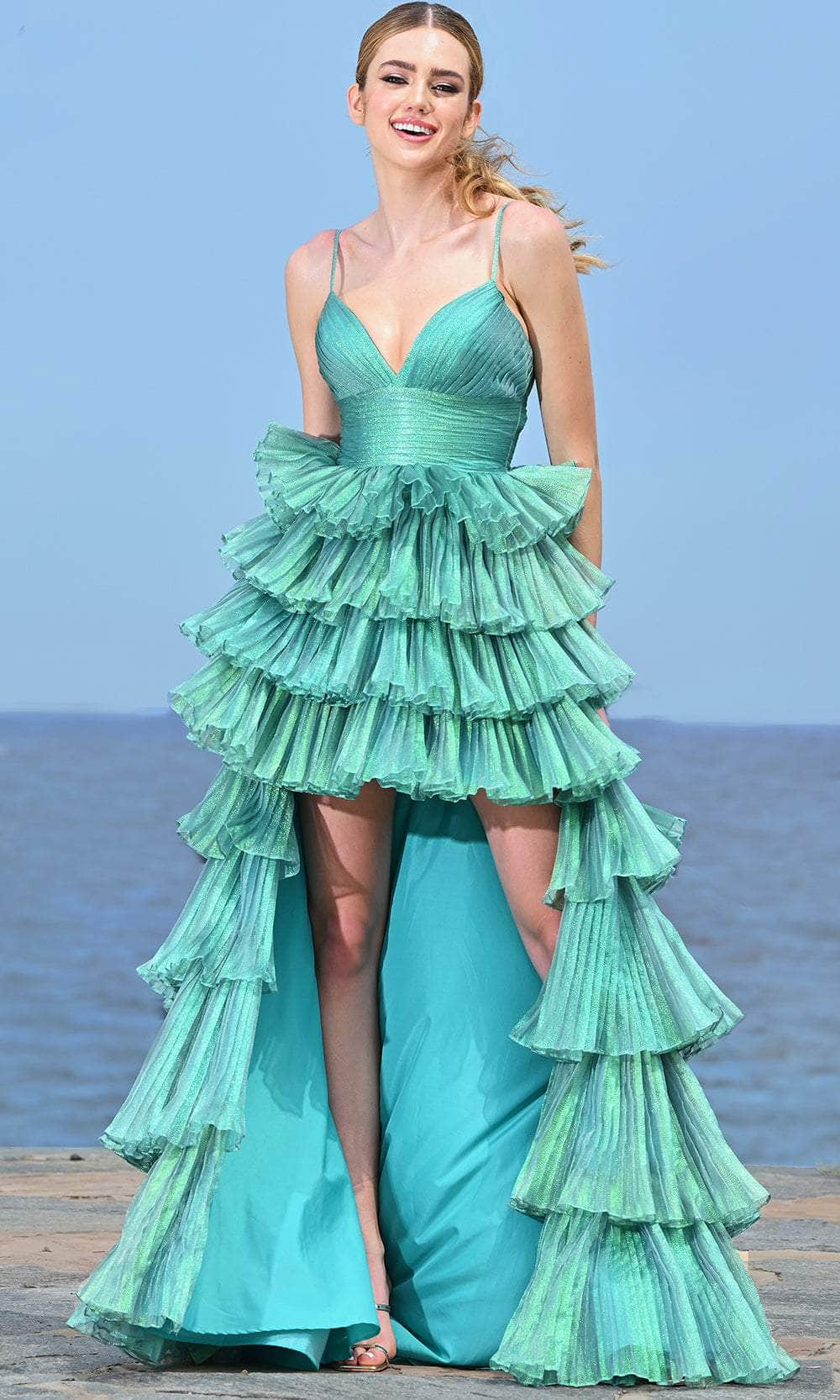 Colors Dress 3462 - Pleated Metallic High Low Prom Gown