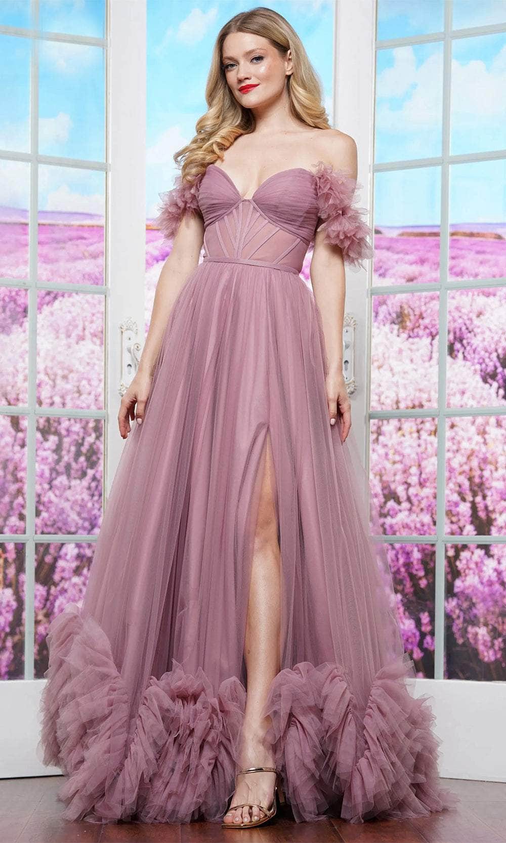 Colors Dress 3485 - Ruffled Off Shoulder Prom Dress Special Occasion Dress