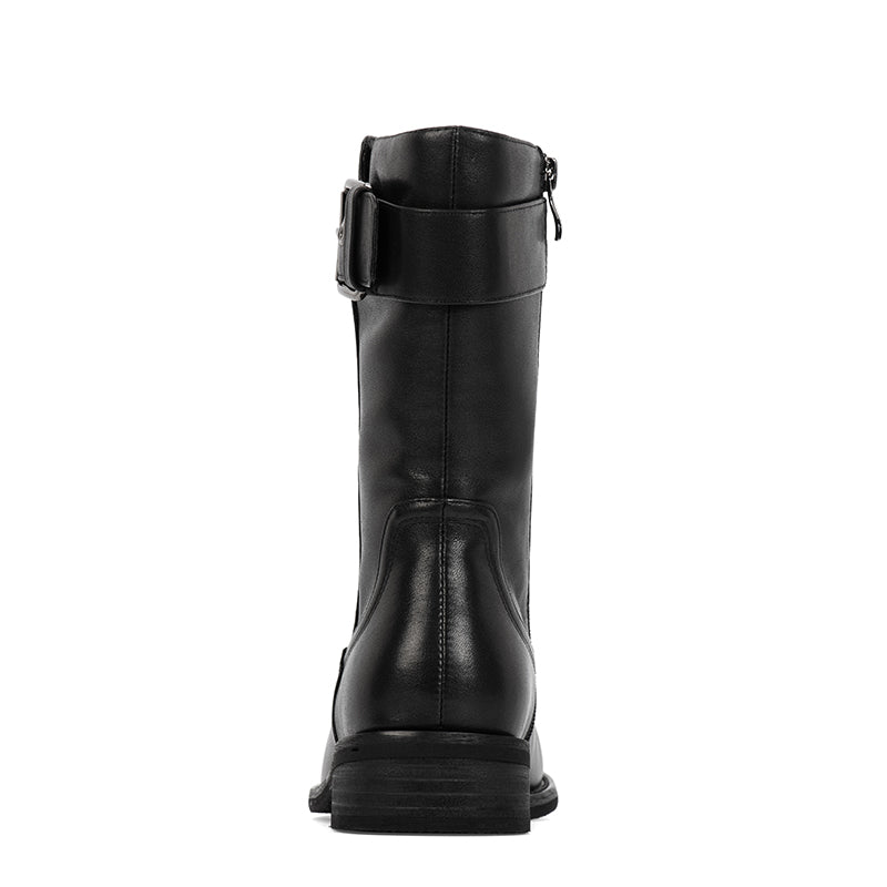 Womens Retro Leather Mid Calf Boots for Cold Winter classic boots Black Short Plush Lining