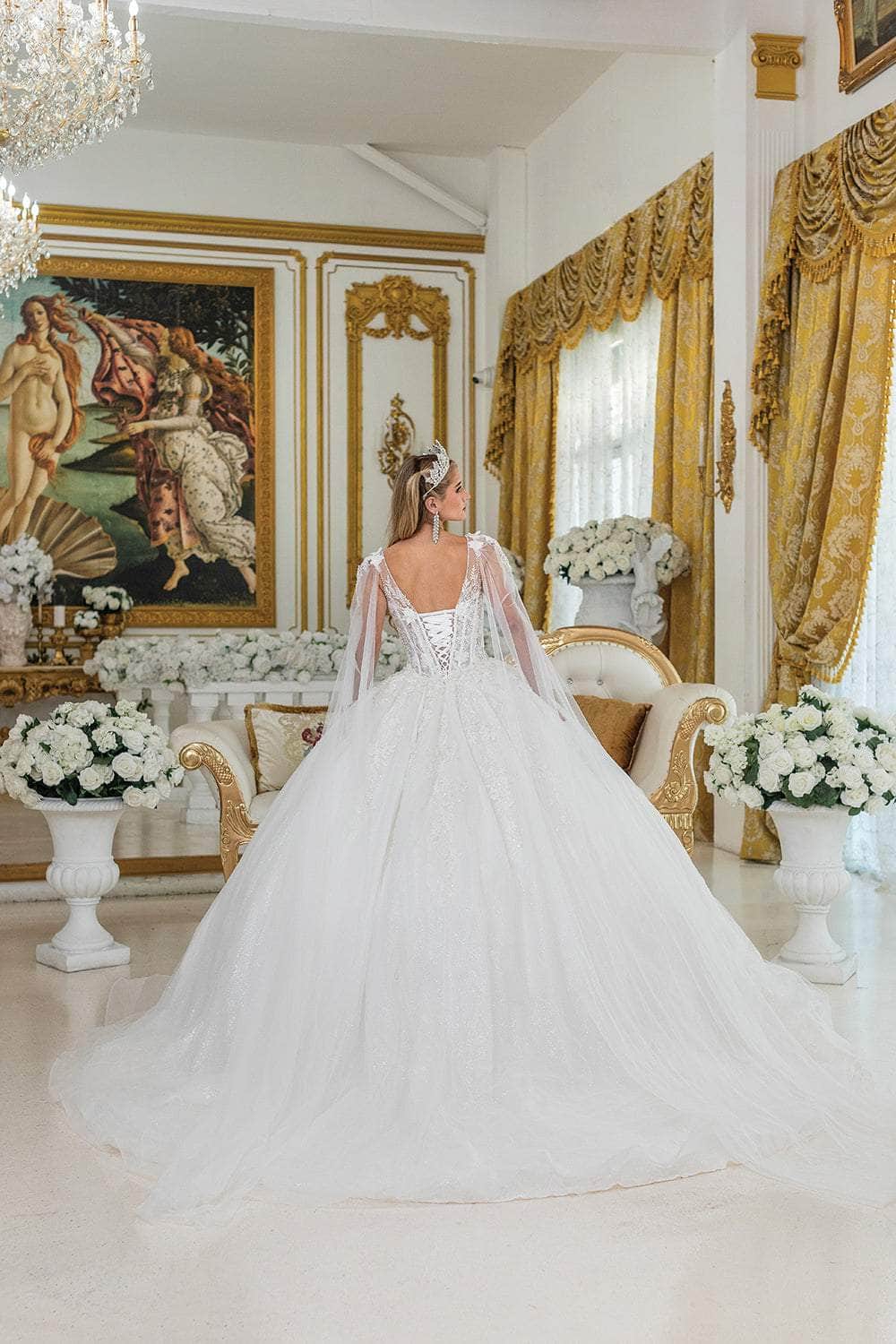 Dancing Queen Bridal 0293 - V-Neck Lace Ballgown with Cape Sleeve