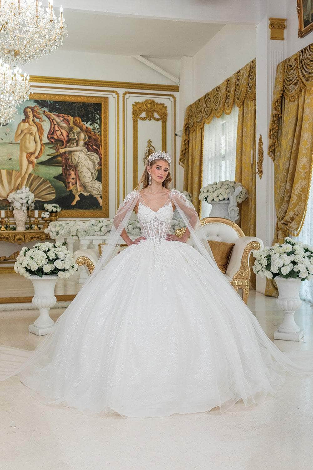 Dancing Queen Bridal 0293 - V-Neck Lace Ballgown with Cape Sleeve