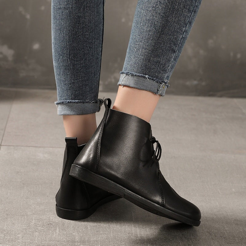 Womens Leather Ankle Boots Soft Bottom Flat Round Toe Derby Boots Brown/Black