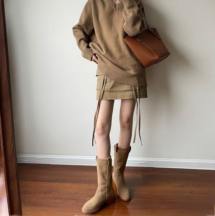 Womens Suede��Leather Mid Calf Boots In Black/Khaki