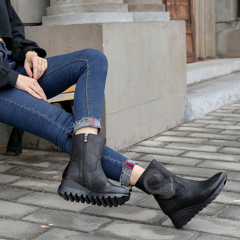 Retro Boots For Women Leather Platform Boots Hand Knitted Feather Decoration Coffee/Black