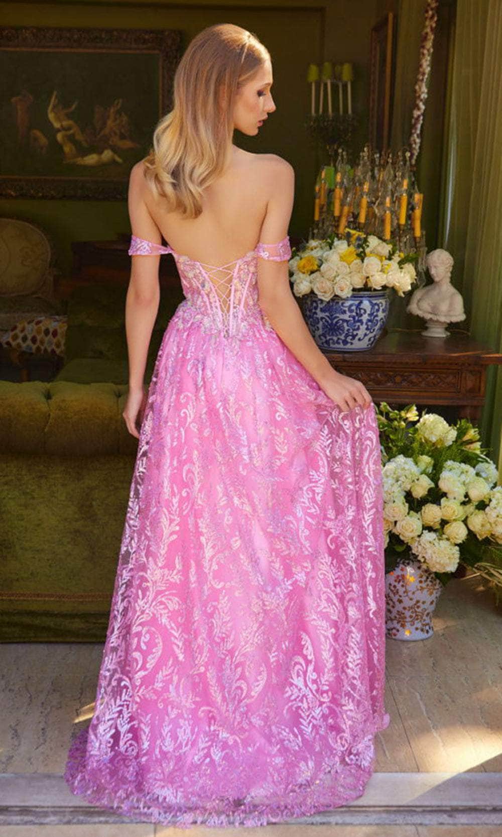 Elizabeth K GL3628 - Off-Shoulder Bejeweled A-Line Prom Gown