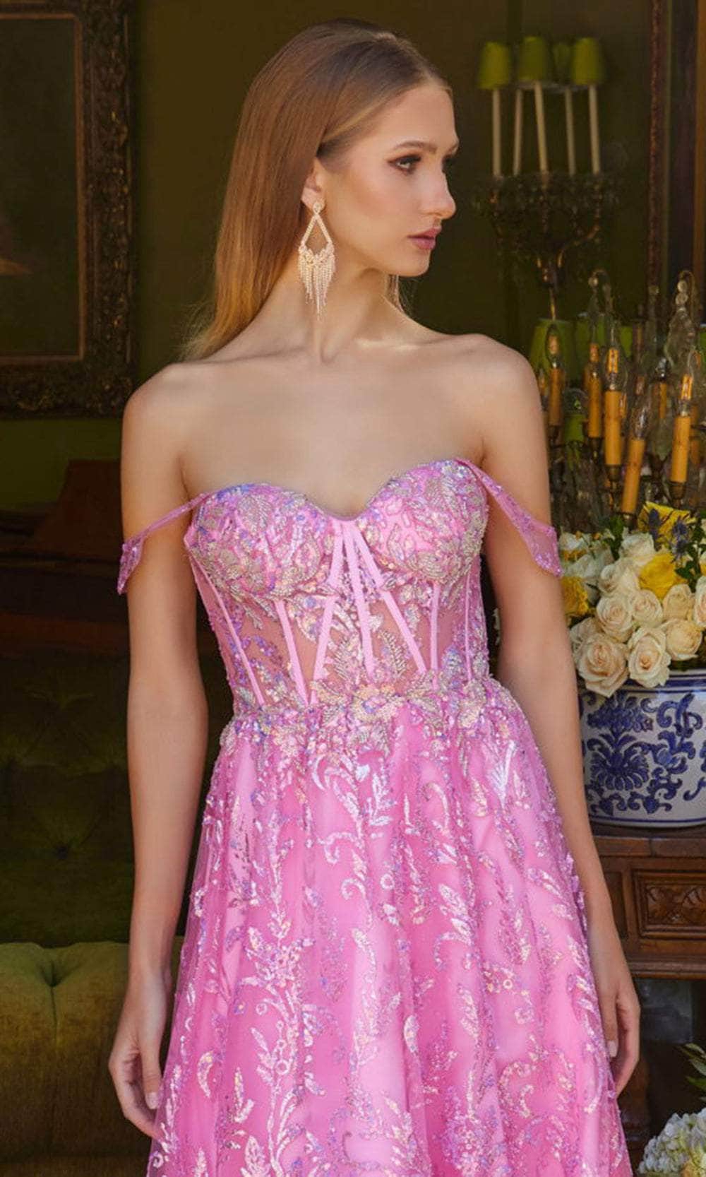 Elizabeth K GL3628 - Off-Shoulder Bejeweled A-Line Prom Gown