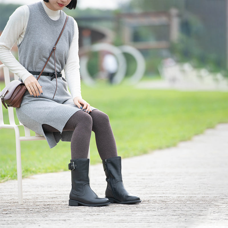 Womens Retro Leather Mid Calf Boots for Cold Winter classic boots Black Short Plush Lining