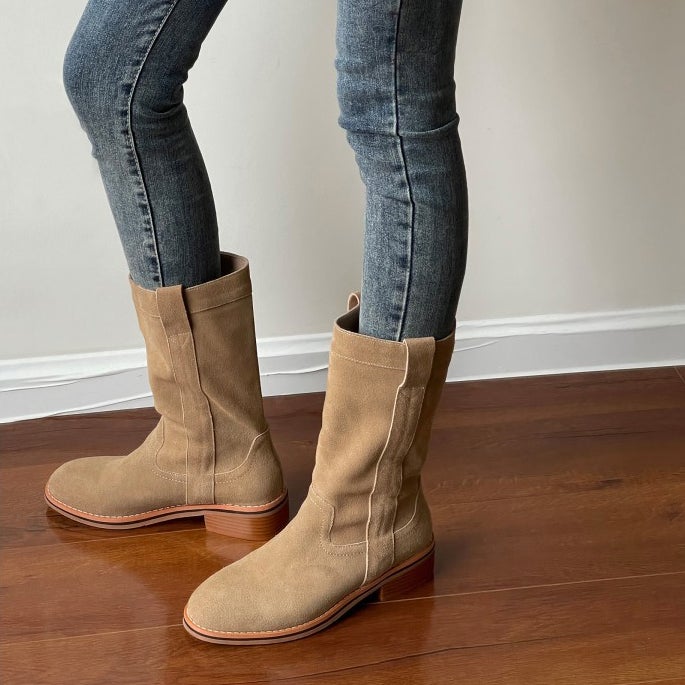 Womens Suede��Leather Mid Calf Boots In Black/Khaki