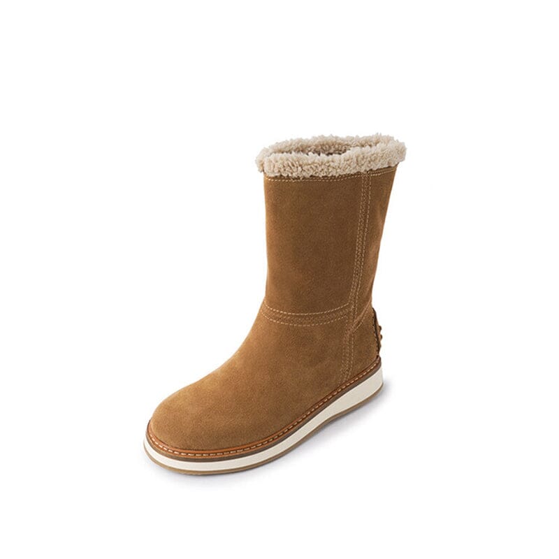 Women's Snow Boots for Cold Winter Retro Leather Mid Calf Boots in Black/Brown