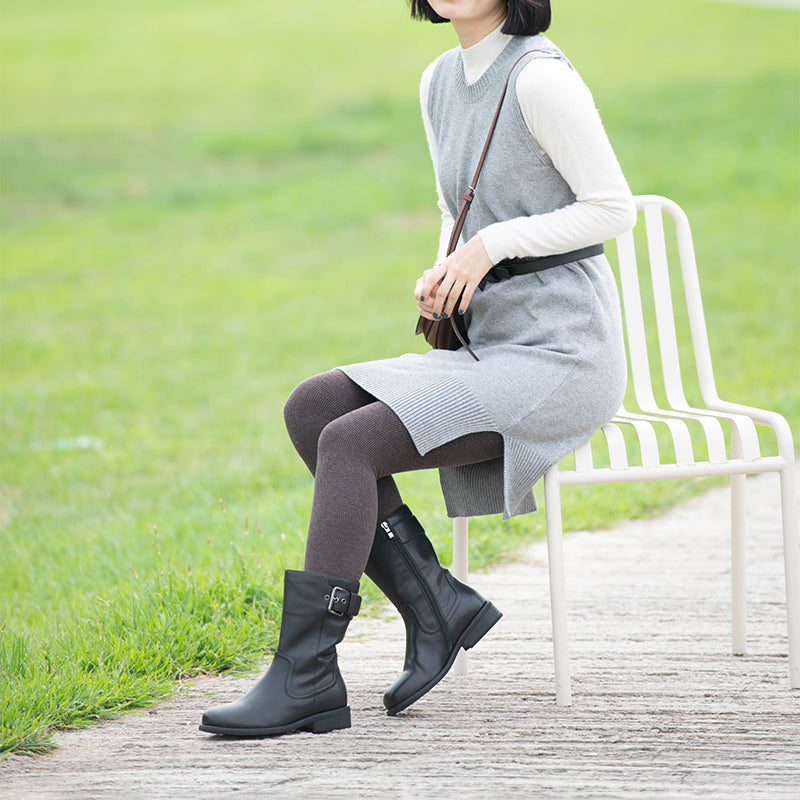 Womens Retro Leather Mid Calf Boots for Cold Winter classic boots Black Short Plush Lining