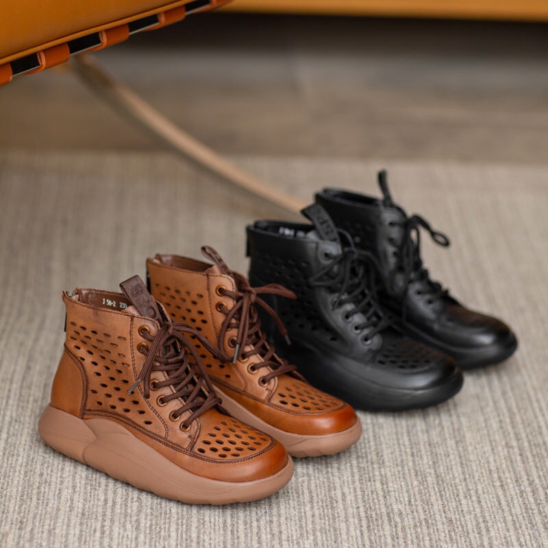 Womens Lace up Summer Boots Handmade Leather Hollow Out Platform Boots Brown/Black