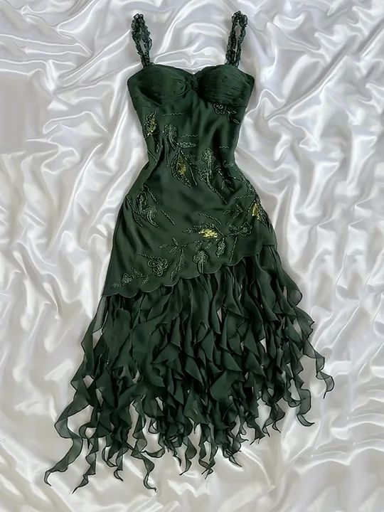 Dark Green Chiffon Ruffle Prom Dress Formal Dress Evening Party Dresses fg7783