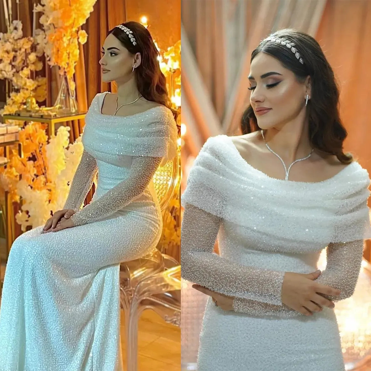 Glitter Tulle Off-Shoulder Long Sleeve Wedding Dress fg6932